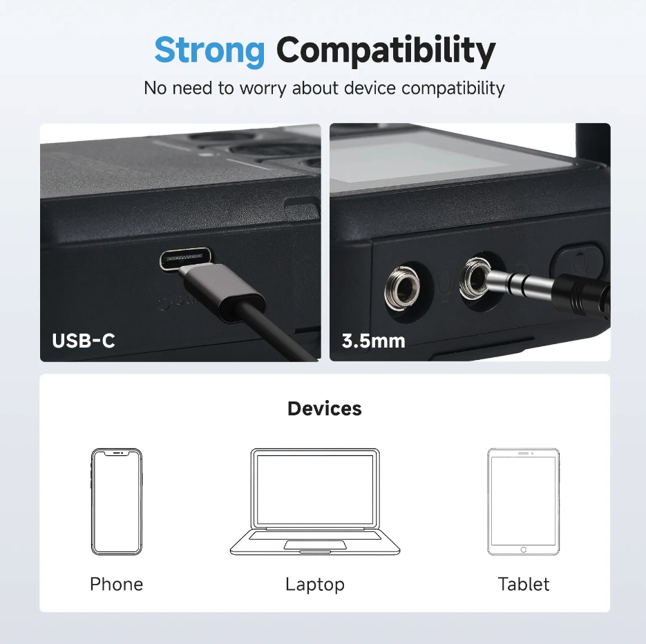 Transmitter USB-C and 3.5mm inputs with phone, laptop and tablet