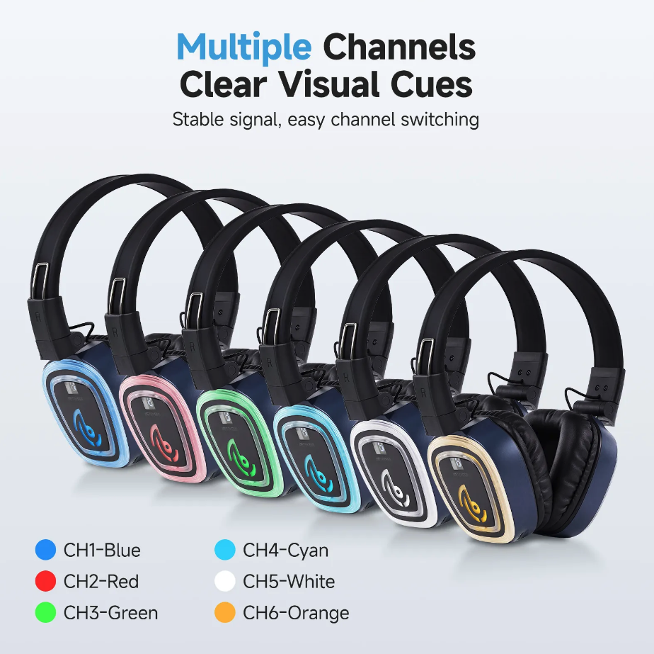 Headsets glowing in six different channel colors