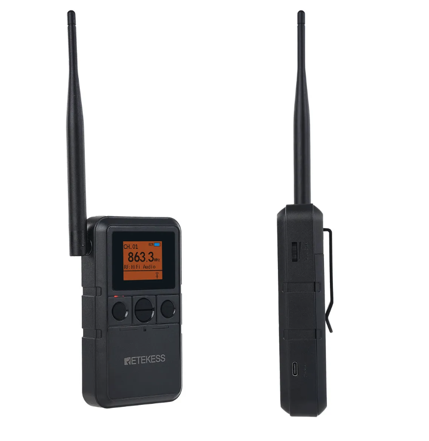 Retekess silent disco transmitter, front and side view