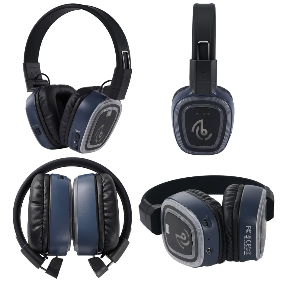 Retekess wireless silent disco headset shown from four angles