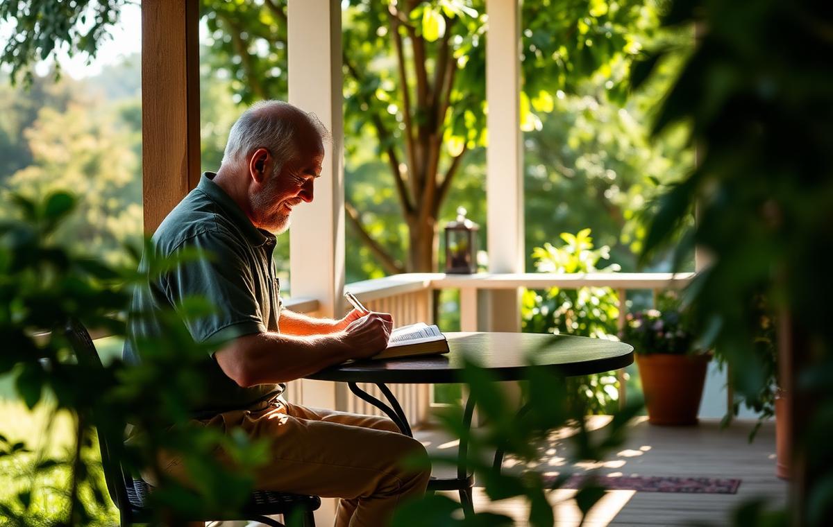 A person journaling calmly on a sunlit porch surrounded by greenery