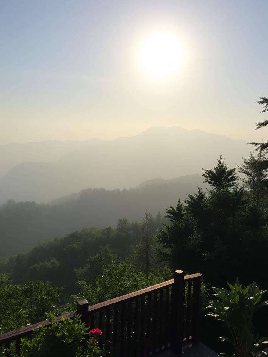 Misty Blue Ridge mountain view from a garden terrace near Asheville