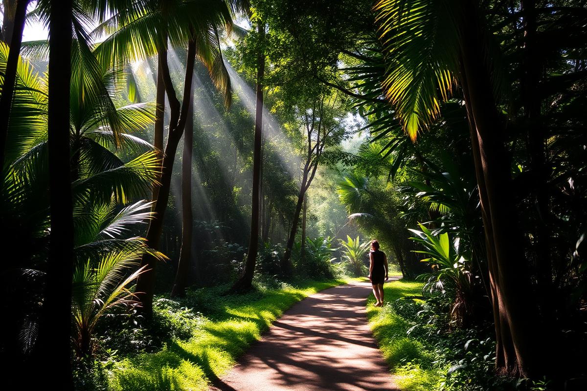 Person walking a lush tropical rainforest path in Costa Rica
