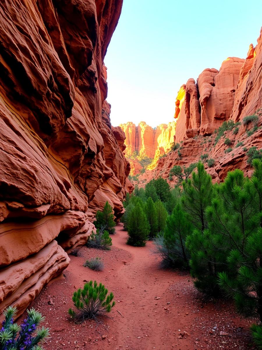 Red rock desert canyon trail in Sedona at golden hour