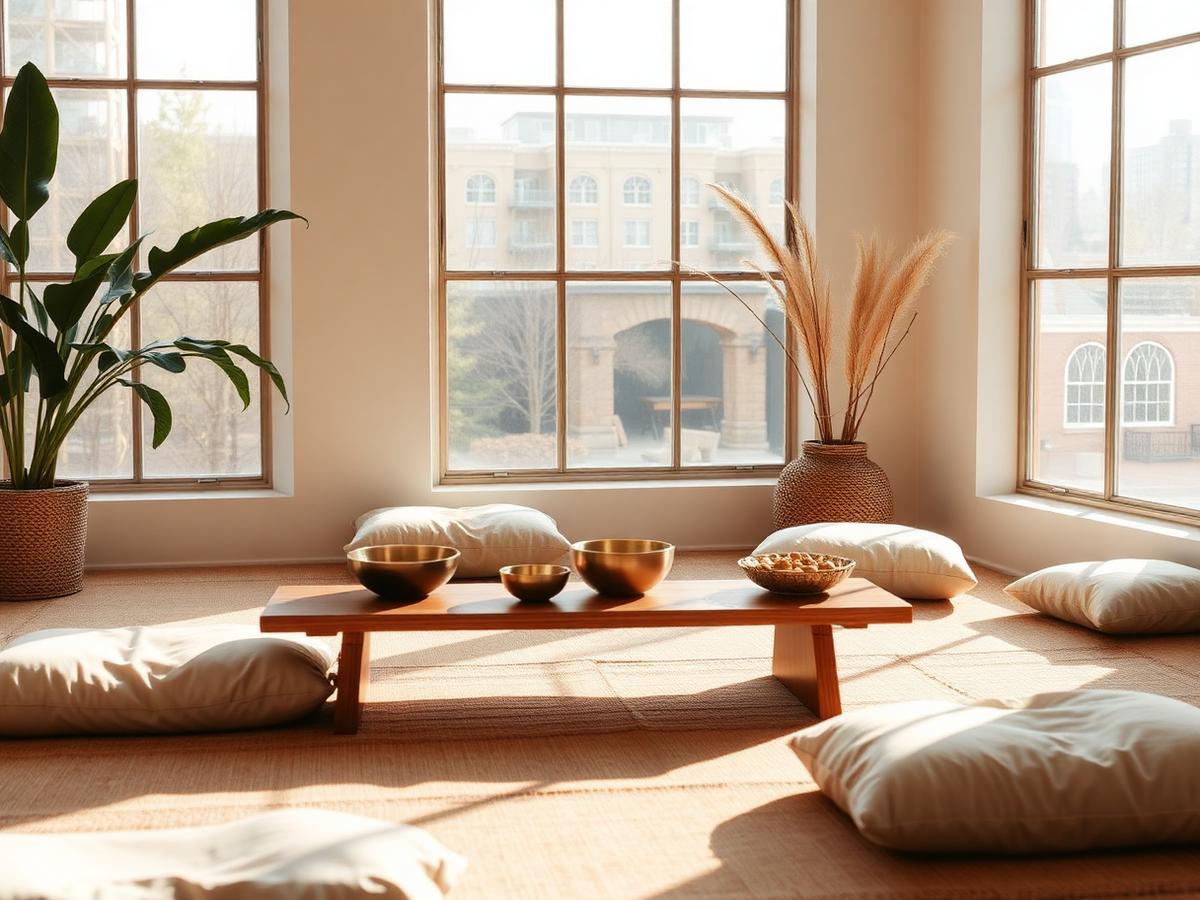 Linen cushions and crystal singing bowls inside COLAB Studio in Uptown Charlotte, NC