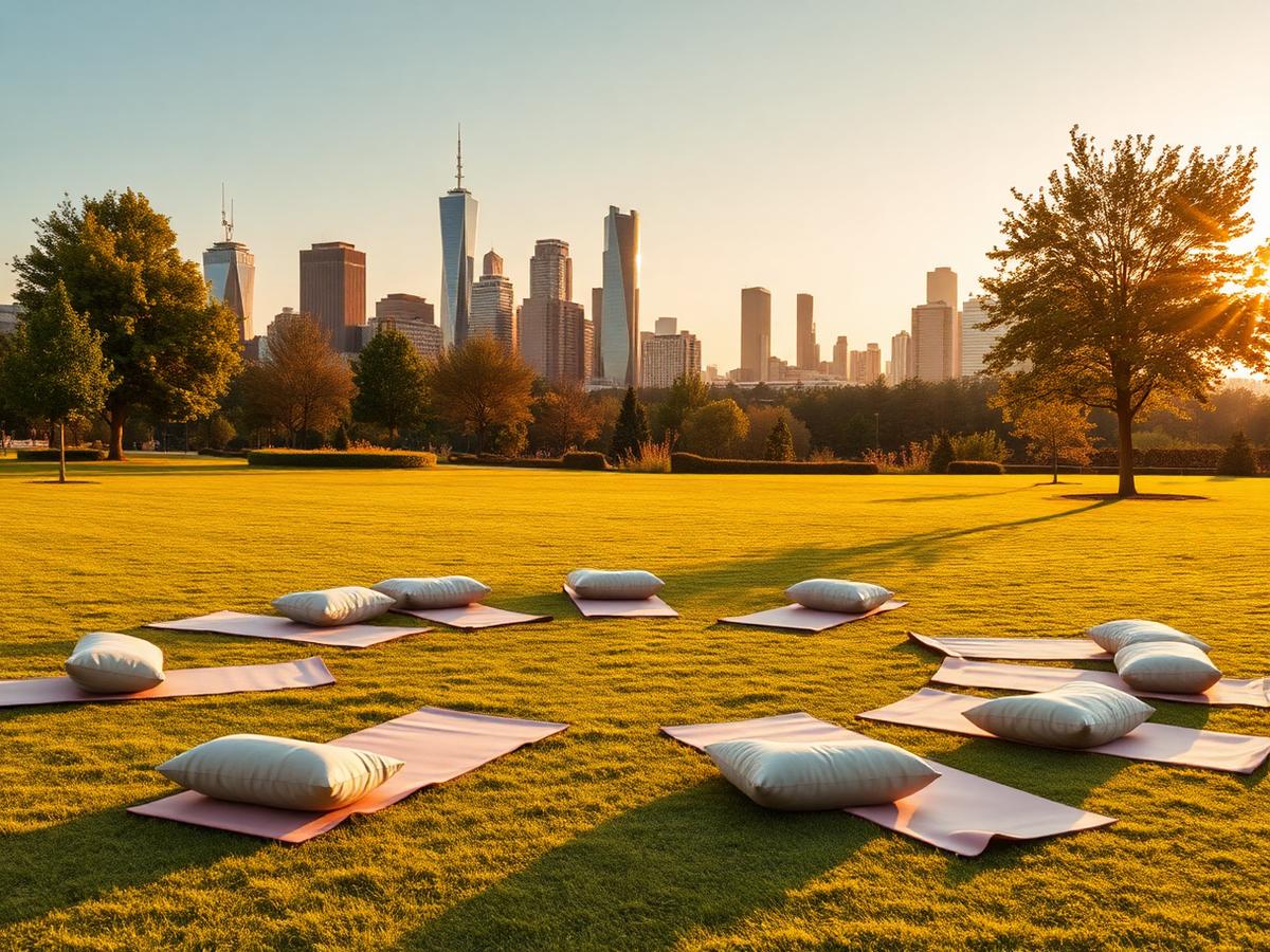 Mats and cushions arranged on the First Ward Park lawn with the Charlotte skyline at golden hour