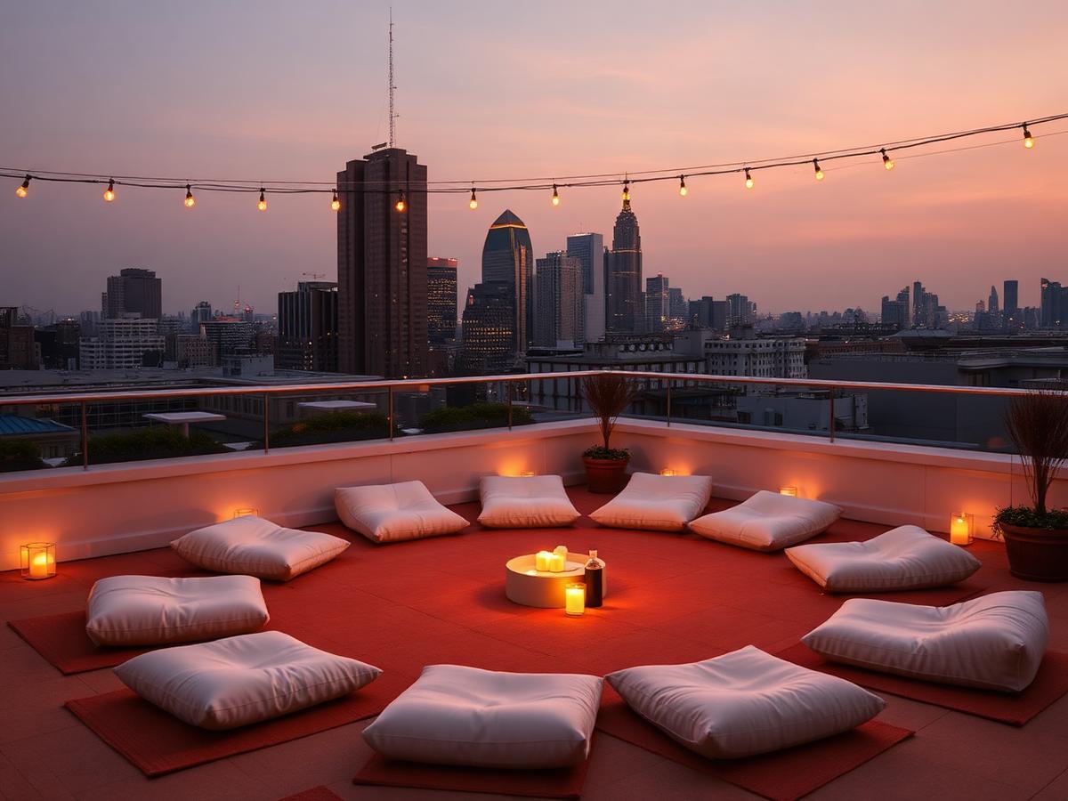 Charlotte rooftop skydeck set with cushions and candles at dusk for a silent wellness event